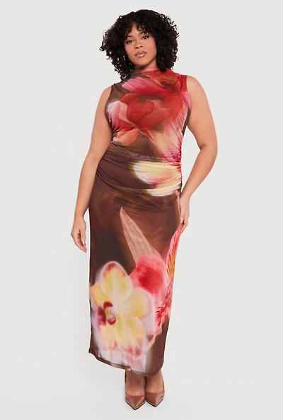Plus Almost Famous Sleeveless Ruched Floral Maxi Dress