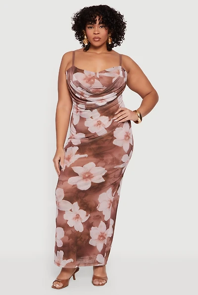 Plus Almost Famous Floral Mesh Cowl Neck Maxi Dress