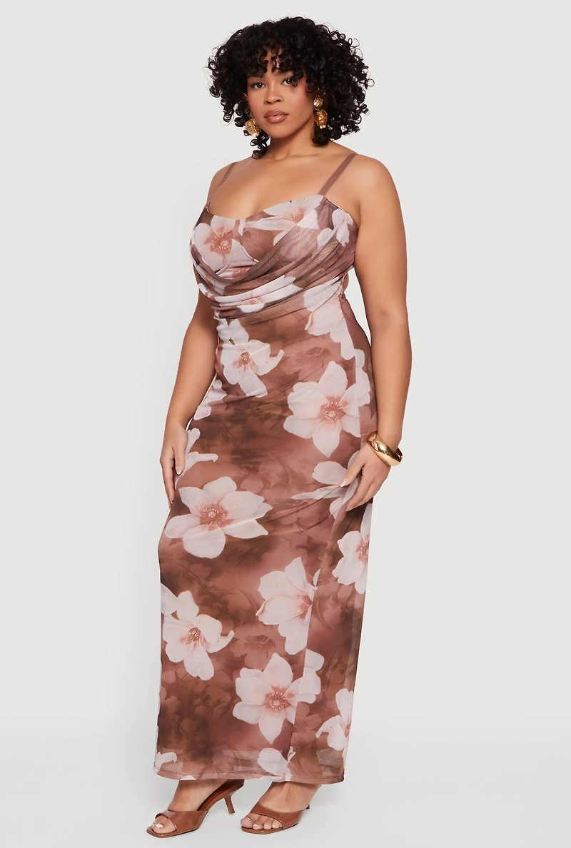 Plus Almost Famous Floral Mesh Cowl Neck Maxi Dress