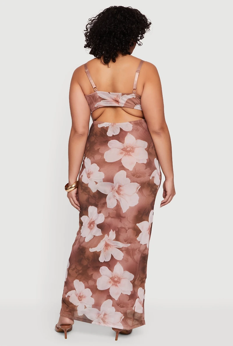 Plus Almost Famous Floral Mesh Cowl Neck Maxi Dress