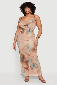 Plus Patterned Mesh Cowl Neck Bustier Dress