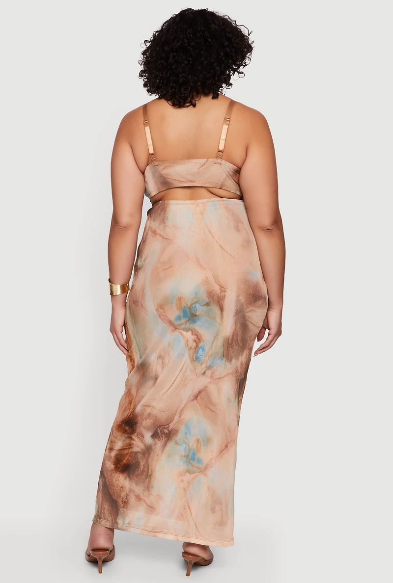 Plus Patterned Mesh Cowl Neck Bustier Dress