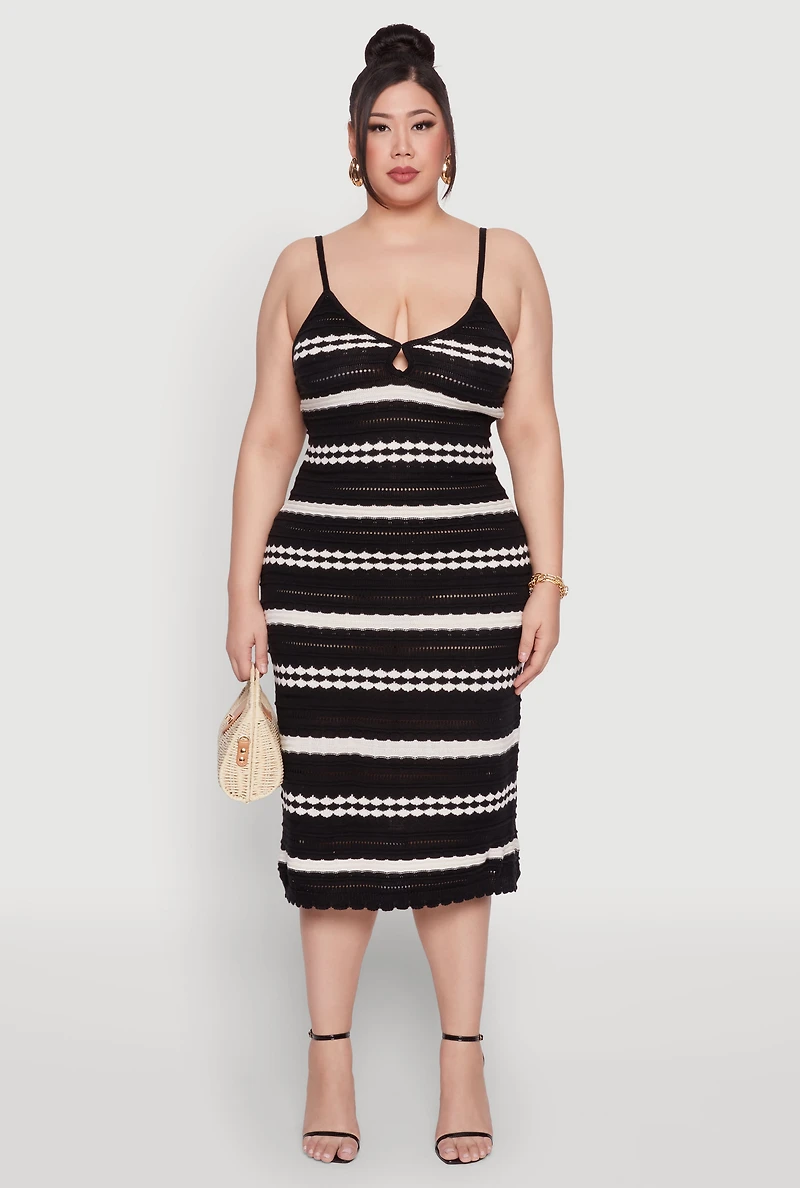 Womens Plus Size Almost Famous Striped Midi Dress, Black, Size 1X