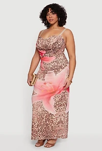 Plus Floral Animal Print Mesh Cowl Neck Dress