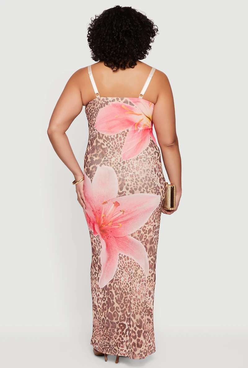 Plus Floral Animal Print Mesh Cowl Neck Dress