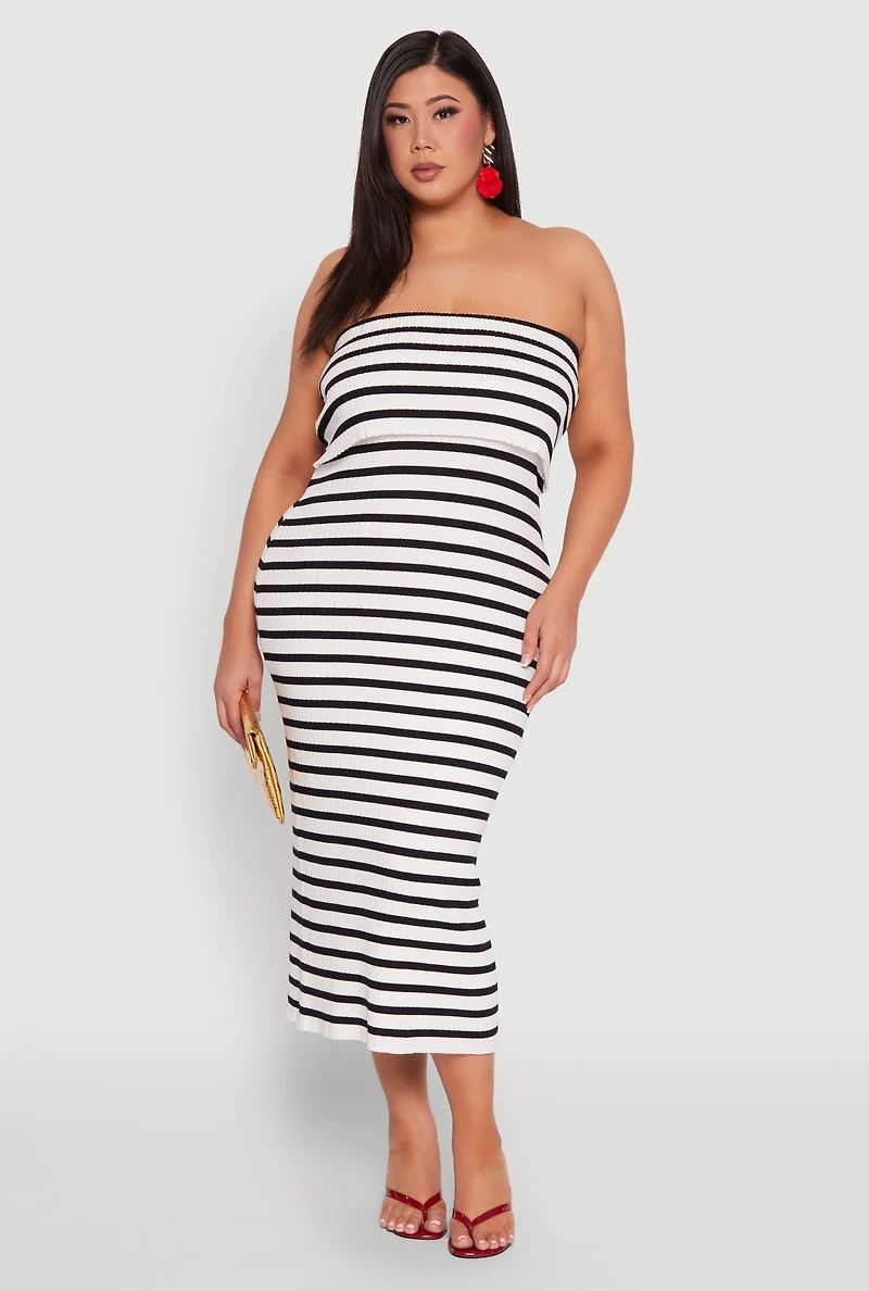Womens Plus Size Striped Rib Knit Overlay Sweater Dress, Multi, Size 3X