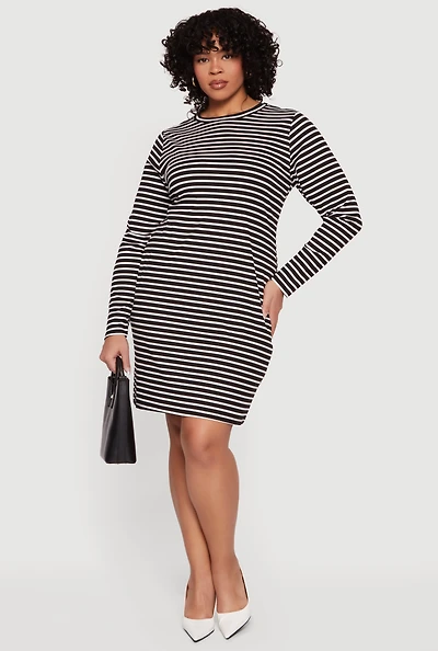 Plus Almost Famous Ribbed Knit Striped Long Sleeve Dress