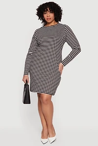 Plus Almost Famous Ribbed Knit Striped Long Sleeve Dress
