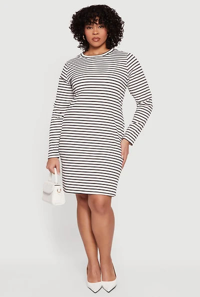 Plus Almost Famous Ribbed Knit Striped Long Sleeve Dress