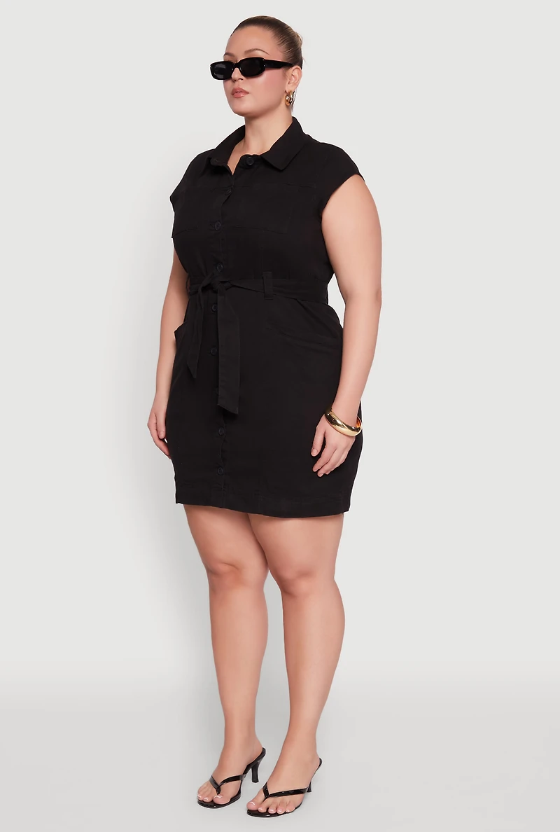 Womens Plus Size Denim Cargo Pocket Shirt Dress, Black, Size 3X