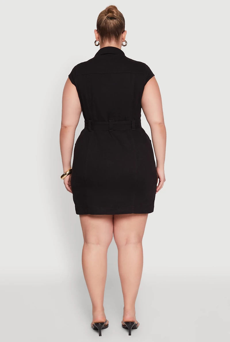 Womens Plus Size Denim Cargo Pocket Shirt Dress, Black, Size 2X