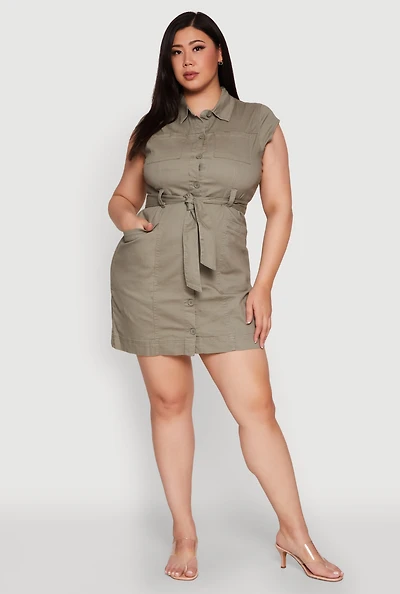 Womens Plus Size Denim Cargo Pocket Shirt Dress, Green, Size 3X