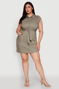 Womens Plus Size Denim Cargo Pocket Shirt Dress, Green, Size 3X