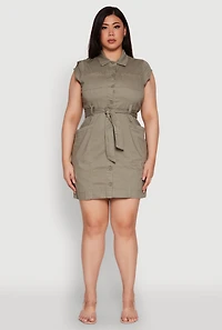 Womens Plus Size Denim Cargo Pocket Shirt Dress, Green, Size 3X