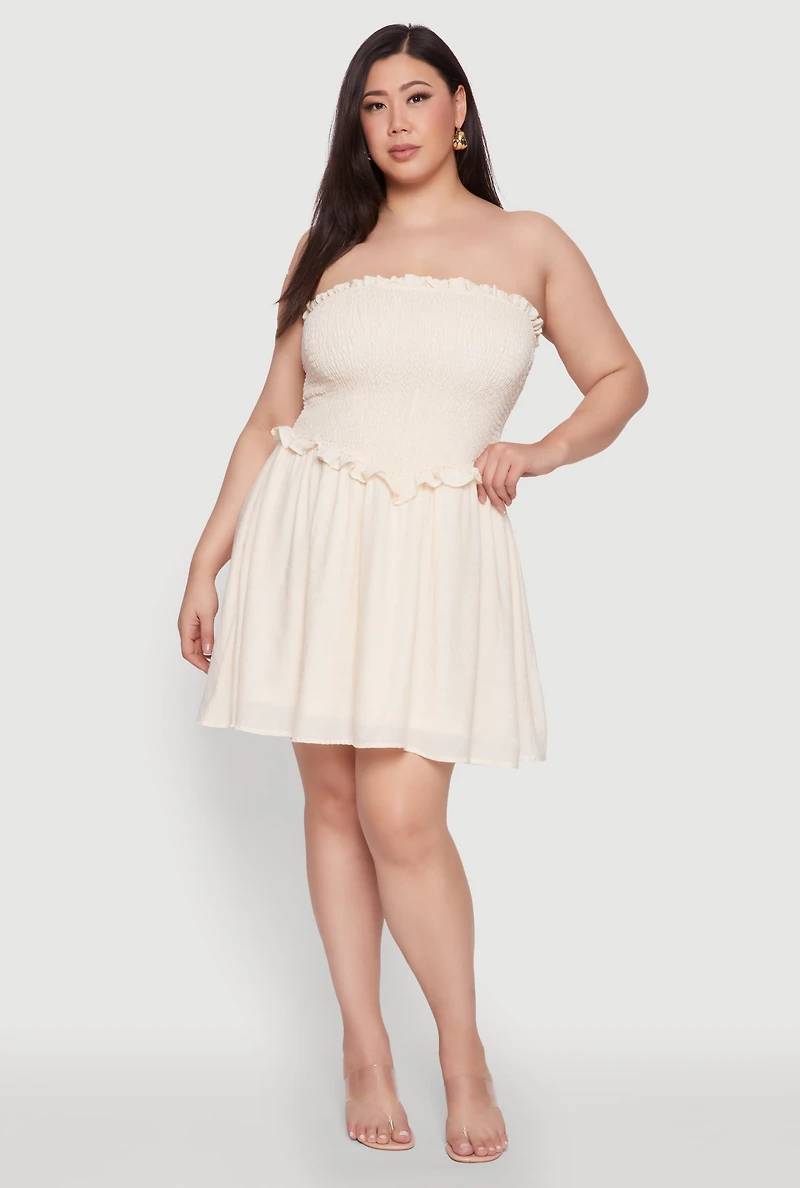Womens Plus Size Gauze Knit Smocked Mini Dress, Beige, Size 1X