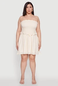 Womens Plus Size Gauze Knit Smocked Mini Dress, Beige, Size 1X