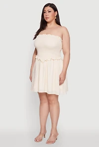 Womens Plus Size Gauze Knit Smocked Mini Dress, Beige, Size 3X