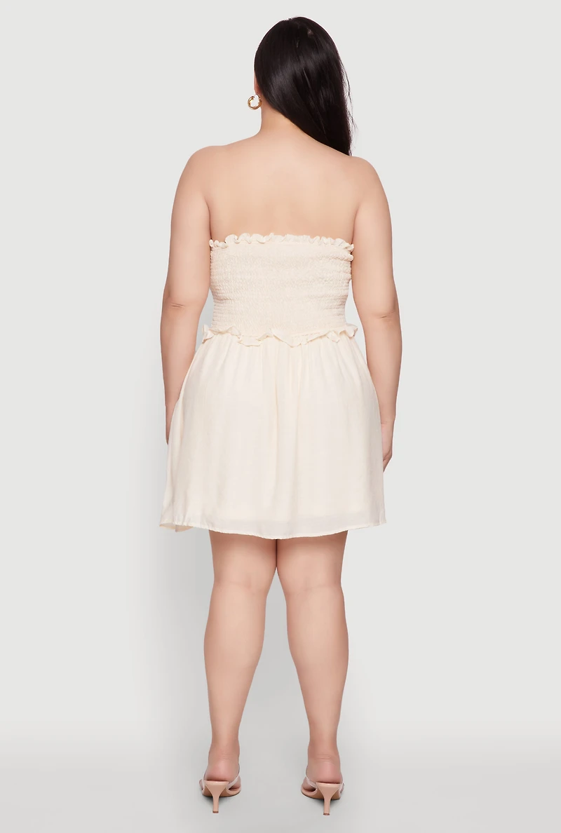 Womens Plus Size Gauze Knit Smocked Mini Dress, Beige, Size 1X