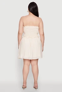Womens Plus Size Gauze Knit Smocked Mini Dress, Beige, Size 1X
