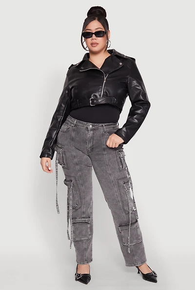 Womens Plus Daisy Faux Leather Belted Moto Jacket,