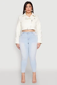 Womens Plus Size Daisy Faux Leather Belted Moto Jacket, White, Size 3X