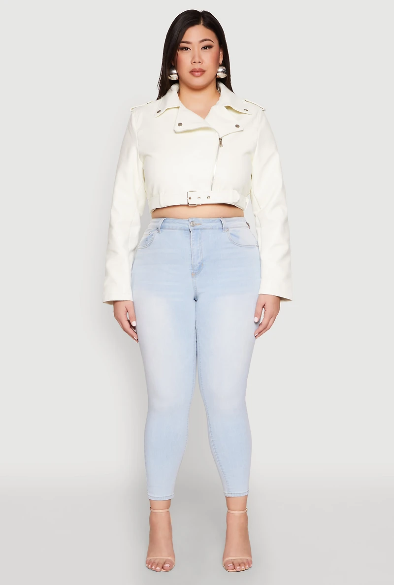 Womens Plus Size Daisy Faux Leather Belted Moto Jacket, White, Size 1X
