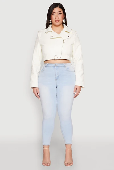 Womens Plus Size Daisy Faux Leather Belted Moto Jacket, White, Size 1X