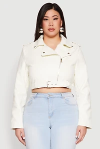 Womens Plus Size Daisy Faux Leather Belted Moto Jacket, White, Size 3X