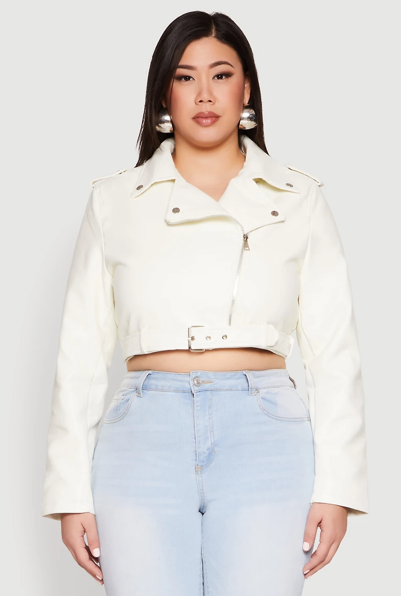 Womens Plus Size Daisy Faux Leather Belted Moto Jacket, White, Size 1X