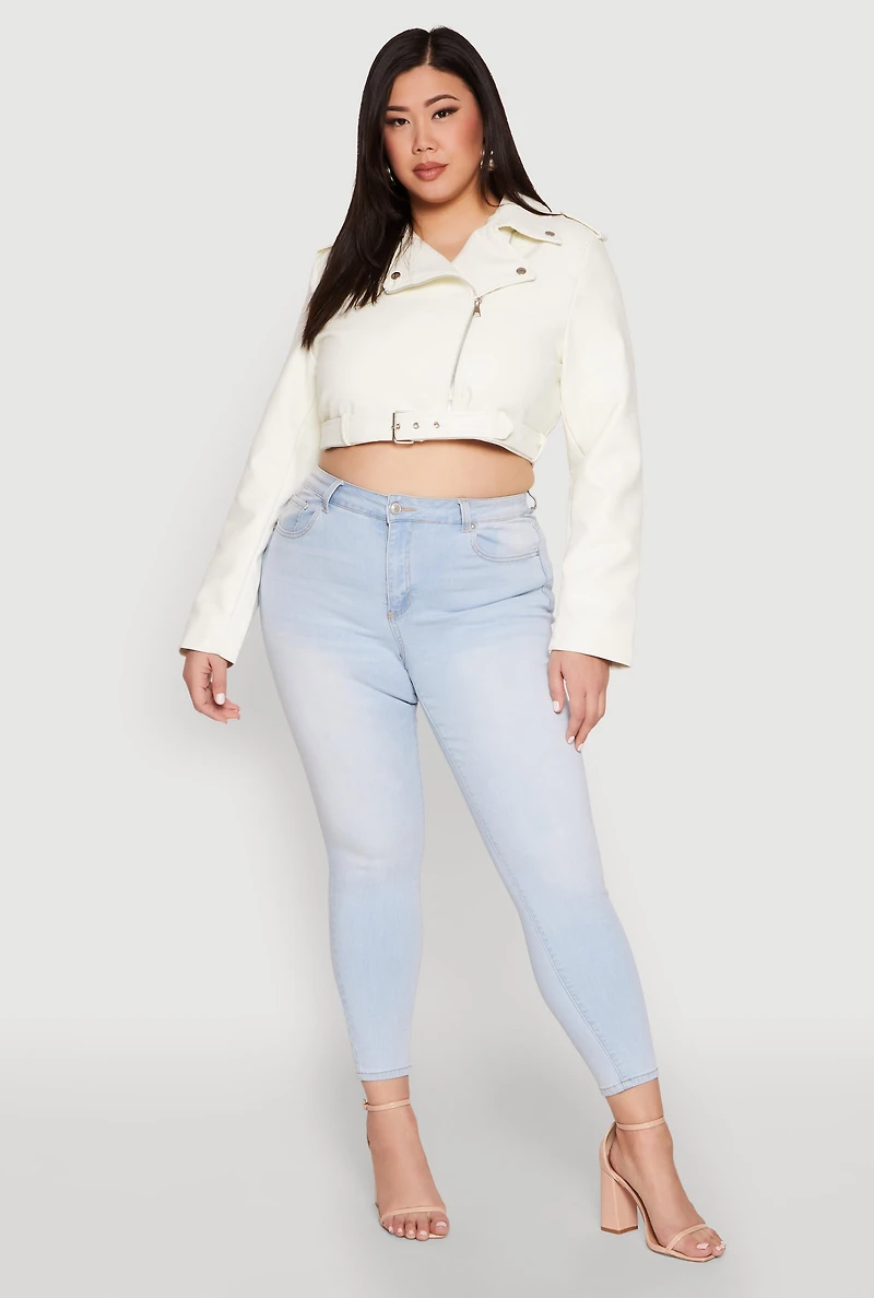 Womens Plus Size Daisy Faux Leather Belted Moto Jacket, White, Size 3X