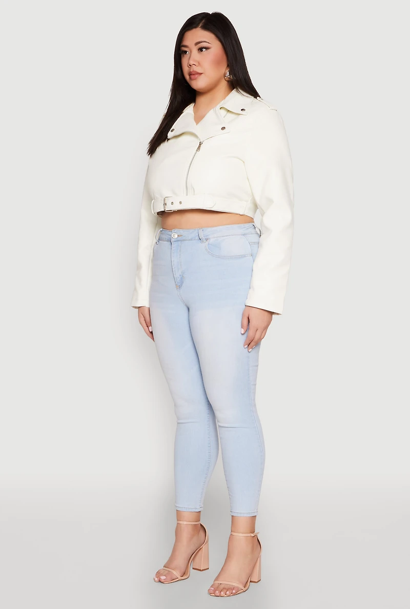 Womens Plus Size Daisy Faux Leather Belted Moto Jacket, White, Size 1X