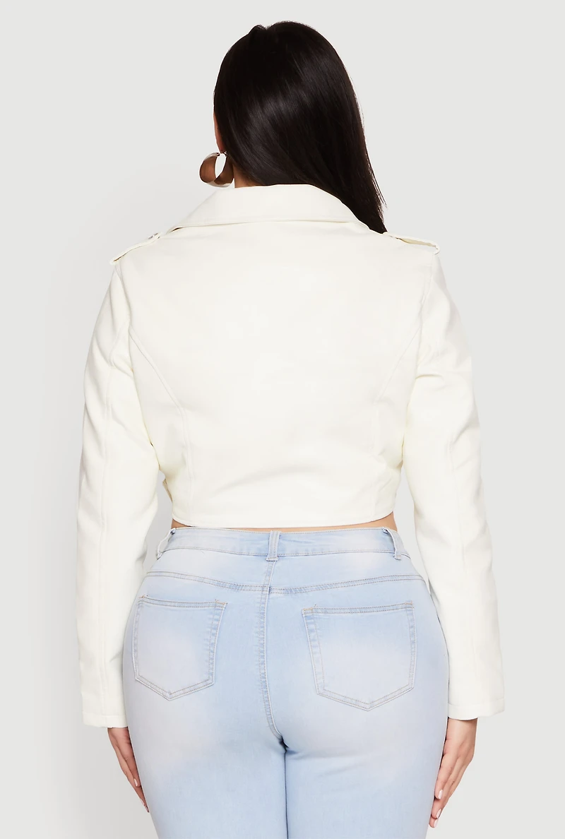 Womens Plus Size Daisy Faux Leather Belted Moto Jacket, White, Size 3X