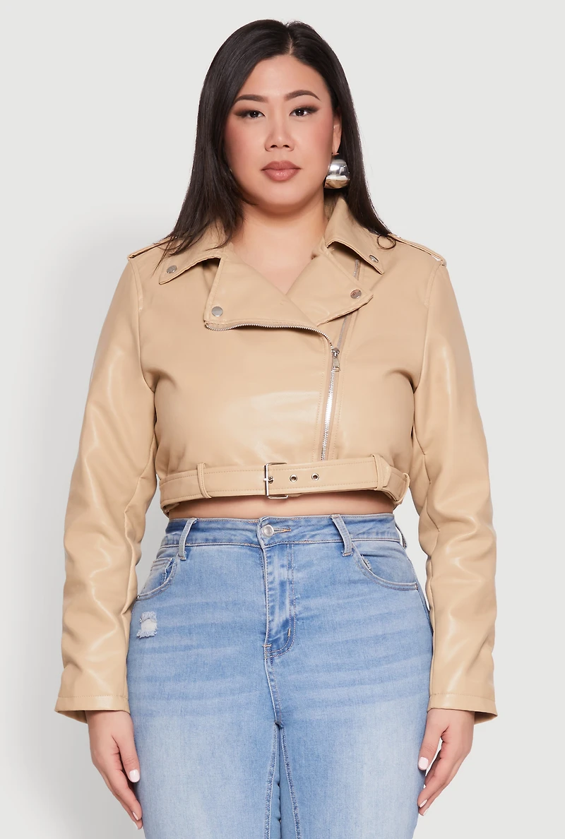 Womens Plus Size Daisy Faux Leather Belted Moto Jacket, Beige, Size 3X