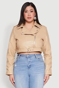 Womens Plus Size Daisy Faux Leather Belted Moto Jacket, Beige, Size 3X