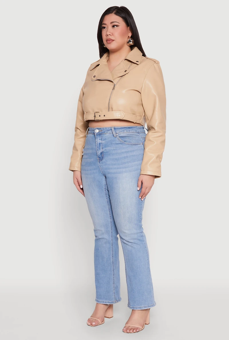 Womens Plus Size Daisy Faux Leather Belted Moto Jacket, Beige, Size 3X