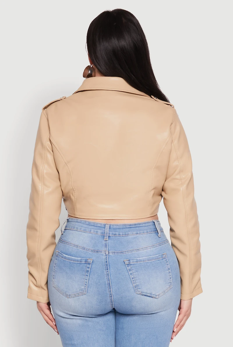 Womens Plus Size Daisy Faux Leather Belted Moto Jacket, Beige, Size 3X