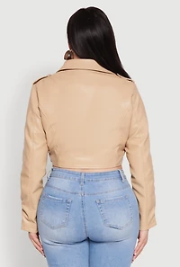 Womens Plus Size Daisy Faux Leather Belted Moto Jacket, Beige, Size 3X