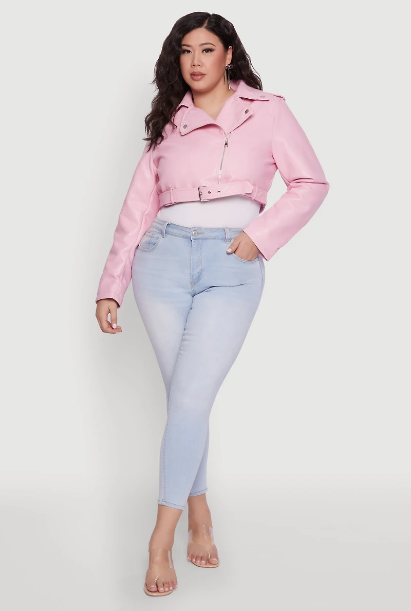 Womens Plus Daisy Faux Leather Belted Moto Jacket,