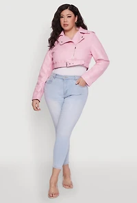 Womens Plus Daisy Faux Leather Belted Moto Jacket,