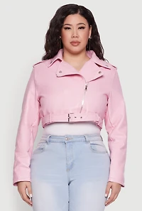 Womens Plus Daisy Faux Leather Belted Moto Jacket,