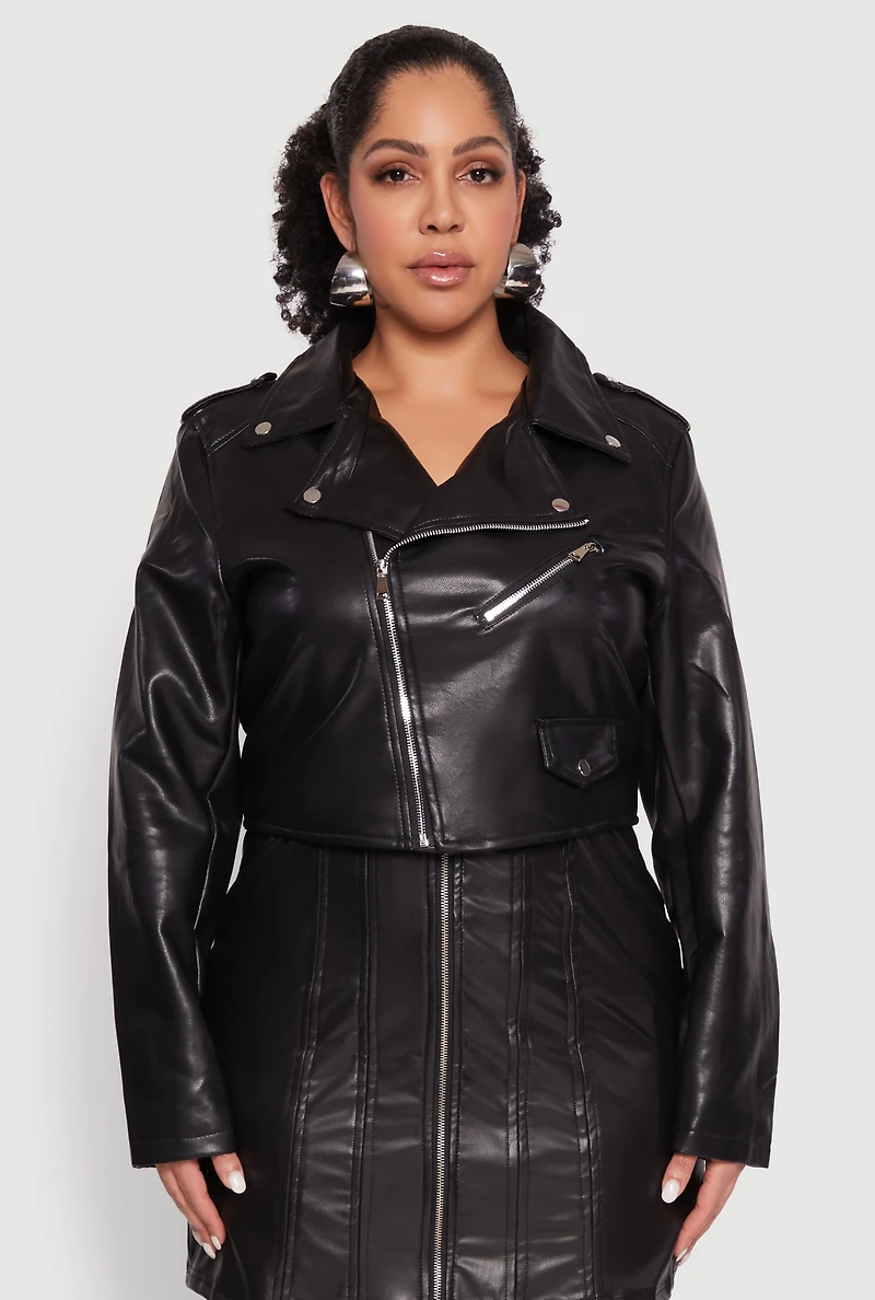 Womens Plus Size Daisy Faux Leather Cropped Moto Jacket, Black, Size 2X