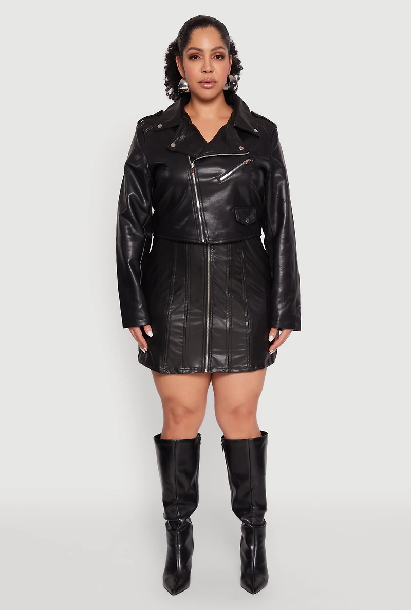 Womens Plus Size Daisy Faux Leather Cropped Moto Jacket, Black, Size 2X