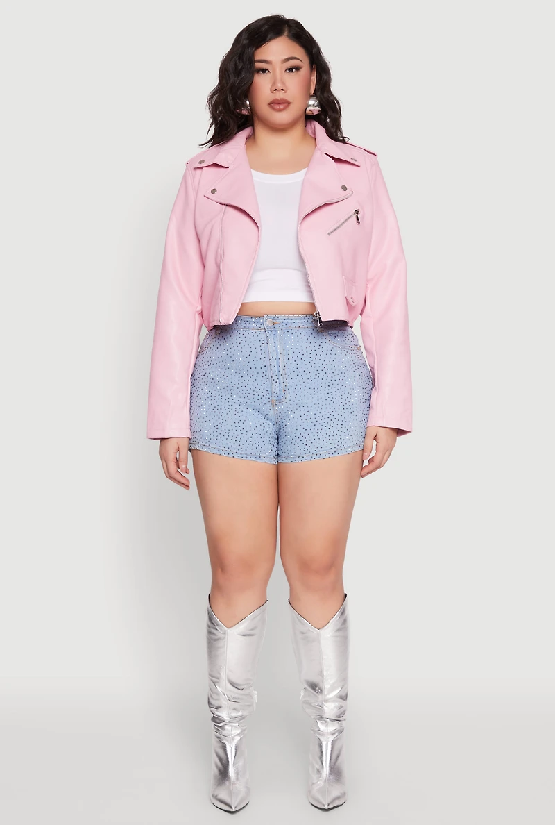 Womens Plus Daisy Faux Leather Cropped Moto Jacket, Pink,