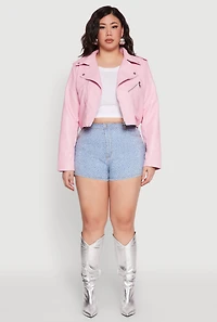 Womens Plus Daisy Faux Leather Cropped Moto Jacket, Pink,
