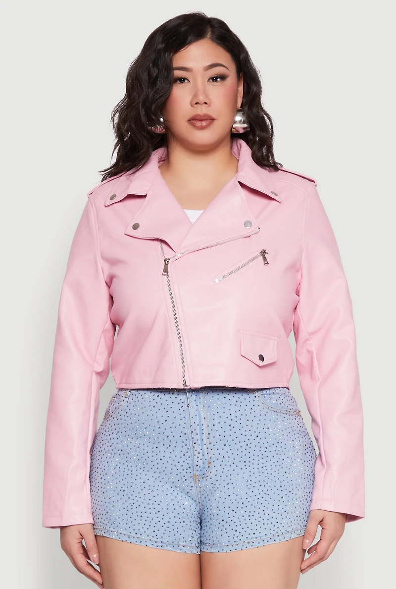 Womens Plus Daisy Faux Leather Cropped Moto Jacket, Pink,