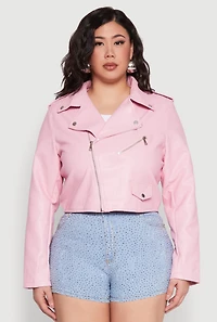 Womens Plus Daisy Faux Leather Cropped Moto Jacket, Pink,