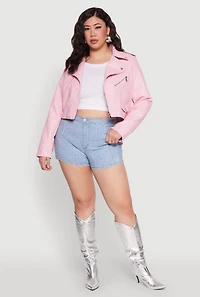 Womens Plus Daisy Faux Leather Cropped Moto Jacket, Pink,