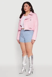 Womens Plus Daisy Faux Leather Cropped Moto Jacket, Pink,