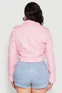 Womens Plus Daisy Faux Leather Cropped Moto Jacket, Pink,