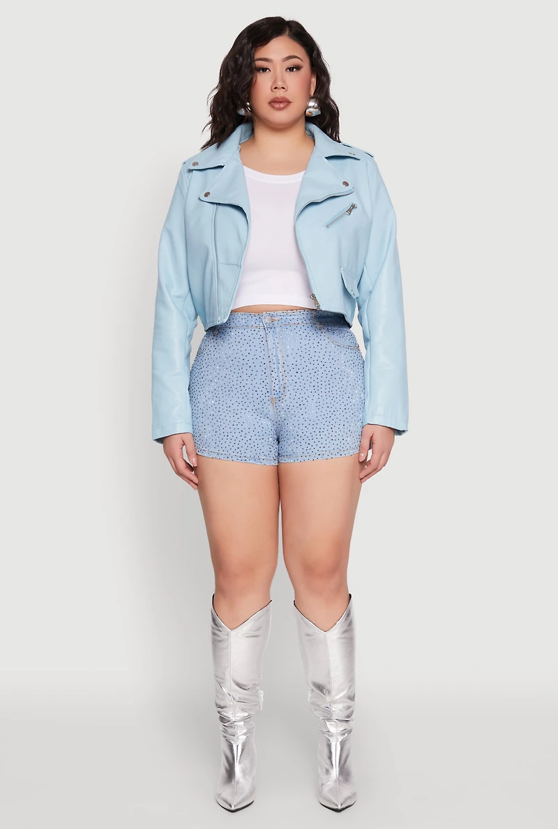 Womens Plus Daisy Faux Leather Cropped Moto Jacket, Blue,